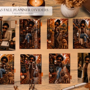 Könnte beinhalten: Ein Set aus acht A5-Planer-Trennblättern mit Illustrationen einer Person mit dunklem Haar und Sonnenbrille in verschiedenen herbstlichen Umgebungen. Die Motive zeigen herbstliches Laub, Kürbisse, Kaffeetassen und kleine Hunde im Freien.