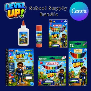 Peut inclure: Un ensemble de fournitures scolaires comprenant une bouteille de colle blanche, un bâton de colle orange, une boîte de 10 crayons de cire, 10 feutres, 12 crayons de couleur et un carnet. Chaque article affiche le texte Level Up et un personnage.