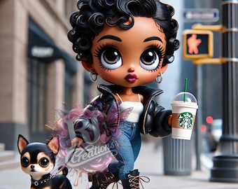 May include: A doll-like figure with dark skin, curly black hair, and large eyes, wearing a black leather jacket, jeans, and boots, holding a Starbucks coffee cup and walking a small dog on a leash. The dog is black and tan.