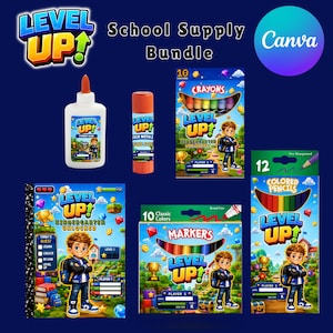 May include: A school supply bundle featuring a bottle of glue, a glue stick, a box of 10 crayons, a notebook, a box of 10 markers, and a box of 12 colored pencils. Each item displays the text Level Up and a cartoon character in a video game setting.