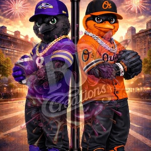 Op de afbeelding: Digitaal kunstwerk met twee antropomorfe vogels, een voor de Baltimore Ravens en een voor de Baltimore Orioles, op een stadsstraat. De raaf draagt paars en de spreeuw oranje, beide in sportkleding. Straatnaamborden tonen "Ravens Way" en "Orioles Way".