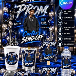 Puede incluir: Un paquete de plantillas digitales para un evento de despedida de graduación con temática azul y negro y texto con purpurina plateada. El set incluye diseños para un telón de fondo, etiquetas, abanicos, botellas, chapas y bolsas.