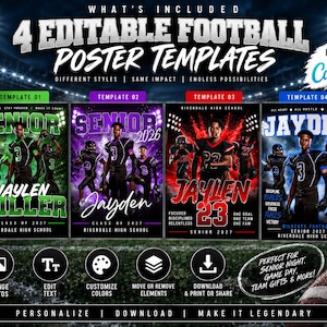 May include: Four editable football poster templates featuring athletic imagery and customizable text. Each design displays a football player in uniform with bold typography, including names like Jaylen Miller and Jayden, plus school details.