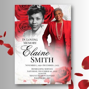 May include: A memorial card featuring two images of a woman, surrounded by red roses. The card includes the text "IN LOVING MEMORY Elaine SMITH" with dates and service information: November 2, 1950 - December 1, 2025, Homegoing Service, Saturday, December 10, 2025, 11:00 AM, Mount Hebron Baptist, Baltimore, MD.