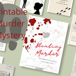 Könnte beinhalten: Eine Sammlung druckbarer Materialien für ein Krimispiel. Das zentrale Bild zeigt eine Titelkarte für "Bleating Murder" mit Schafillustrationen und Blutspritzern. Weitere Seiten enthalten Notizen, Anweisungen und Charakterprofile, alle für ein thematisches Spiel.