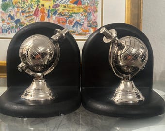 Vintage Mid Century Modern Silver Globe Bookends, Rotating World Globe Book Ends, Executive Office Library Decor, MCM Pair
