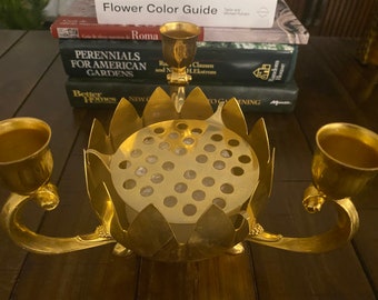 Vintage Gold Lotus Bowl Centerpiece/Candle Holder Flower Frog. Measures: 5."H x 7"W @ Candleholders x 4.5"W @ Bow