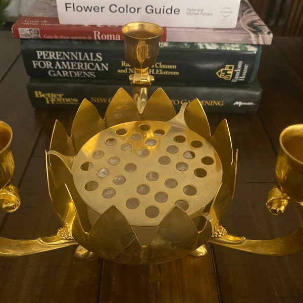 Vintage Gold Lotus Bowl Centerpiece/Candle Holder Flower Frog. Measures: 5."H x 7"W @ Candleholders x 4.5"W @ Bow