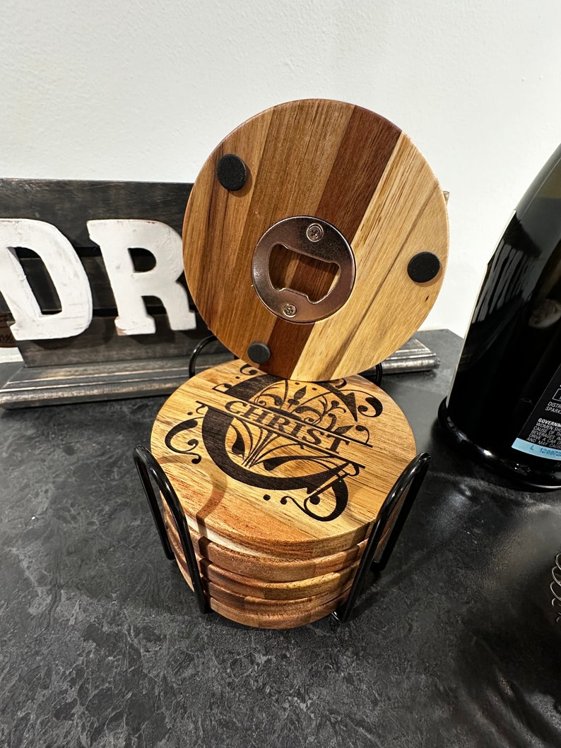 Custom Personalized Solid Wood Coasters With Bottle Opener and Padded