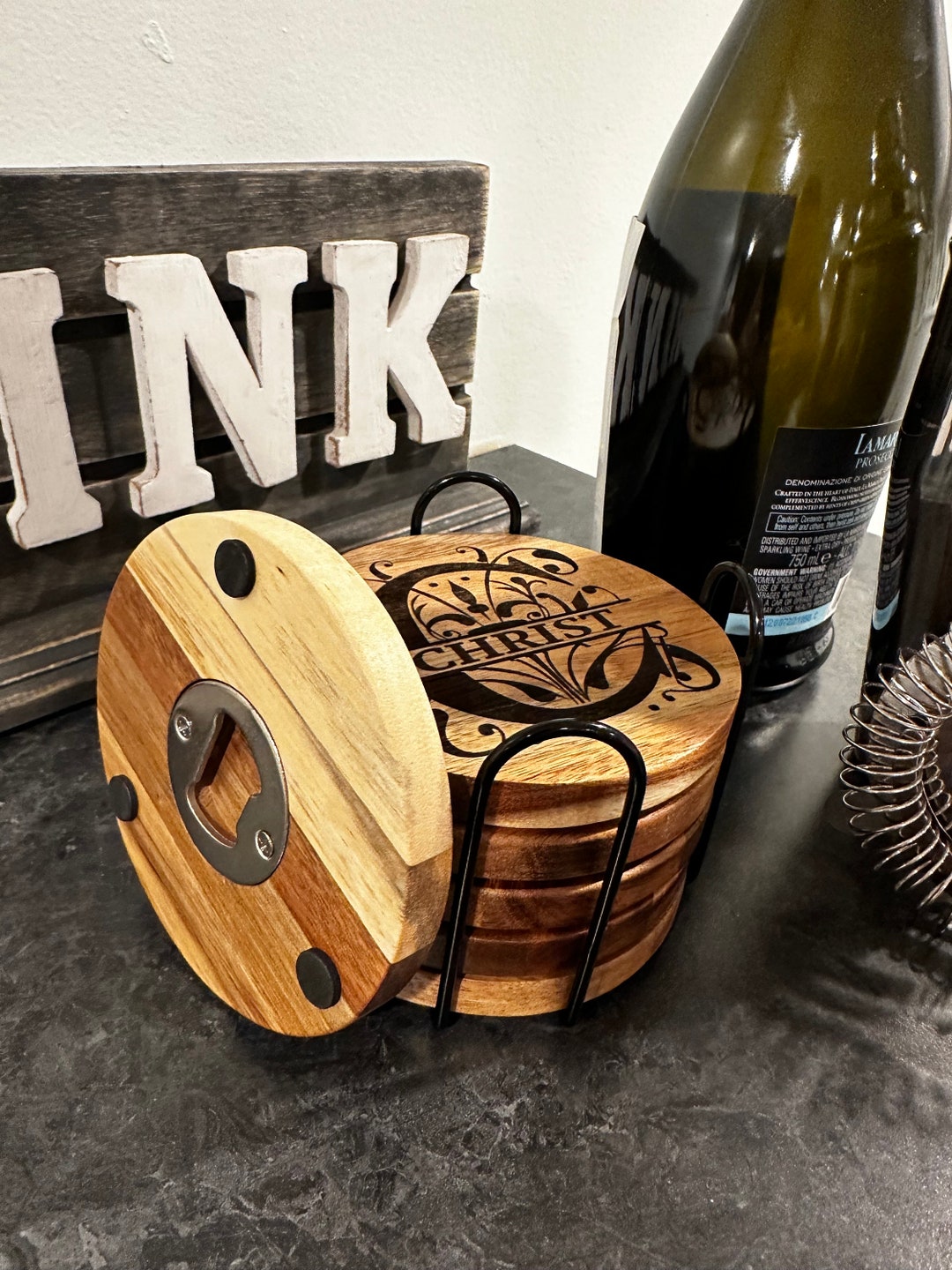 Custom Personalized Solid Wood Coasters With Bottle Opener and Padded