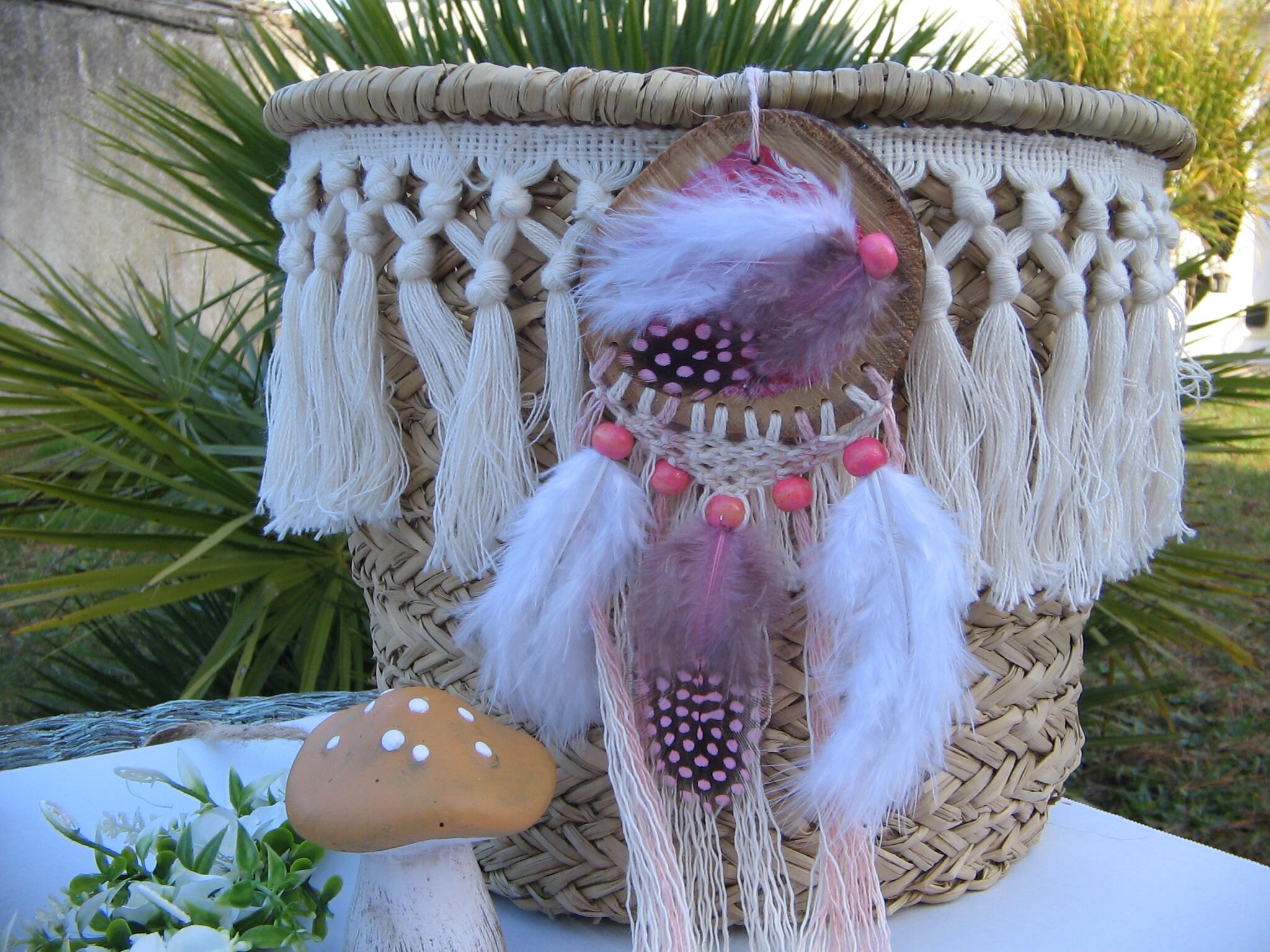 Attrape-Rêves Rose et Blanc en Bois Macramé avec Perles Plumes Pour Décoration