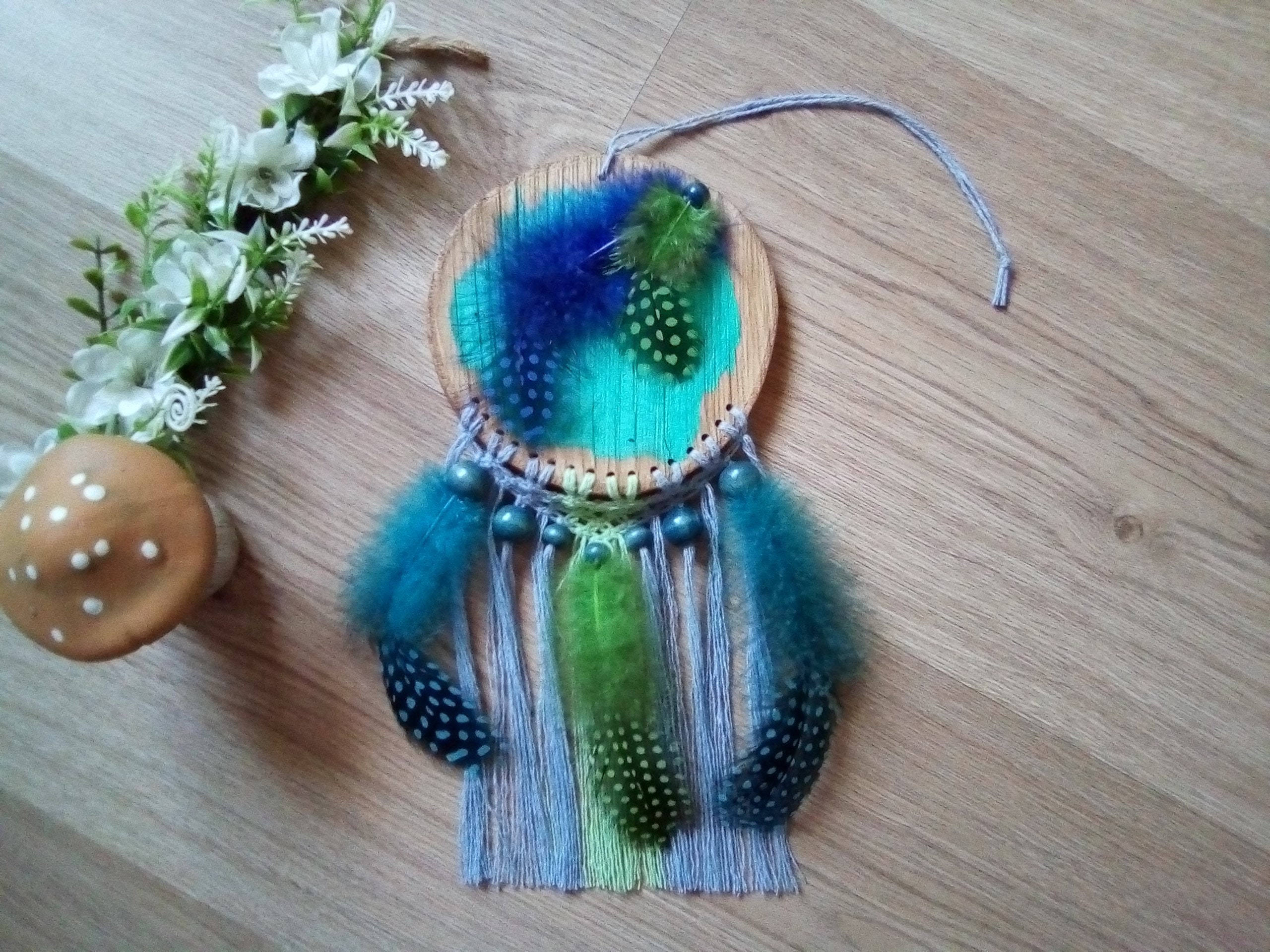 Attrape-Rêves Bleu et Vert en Bois Macramé avec Perles Plumes Pour Décoration