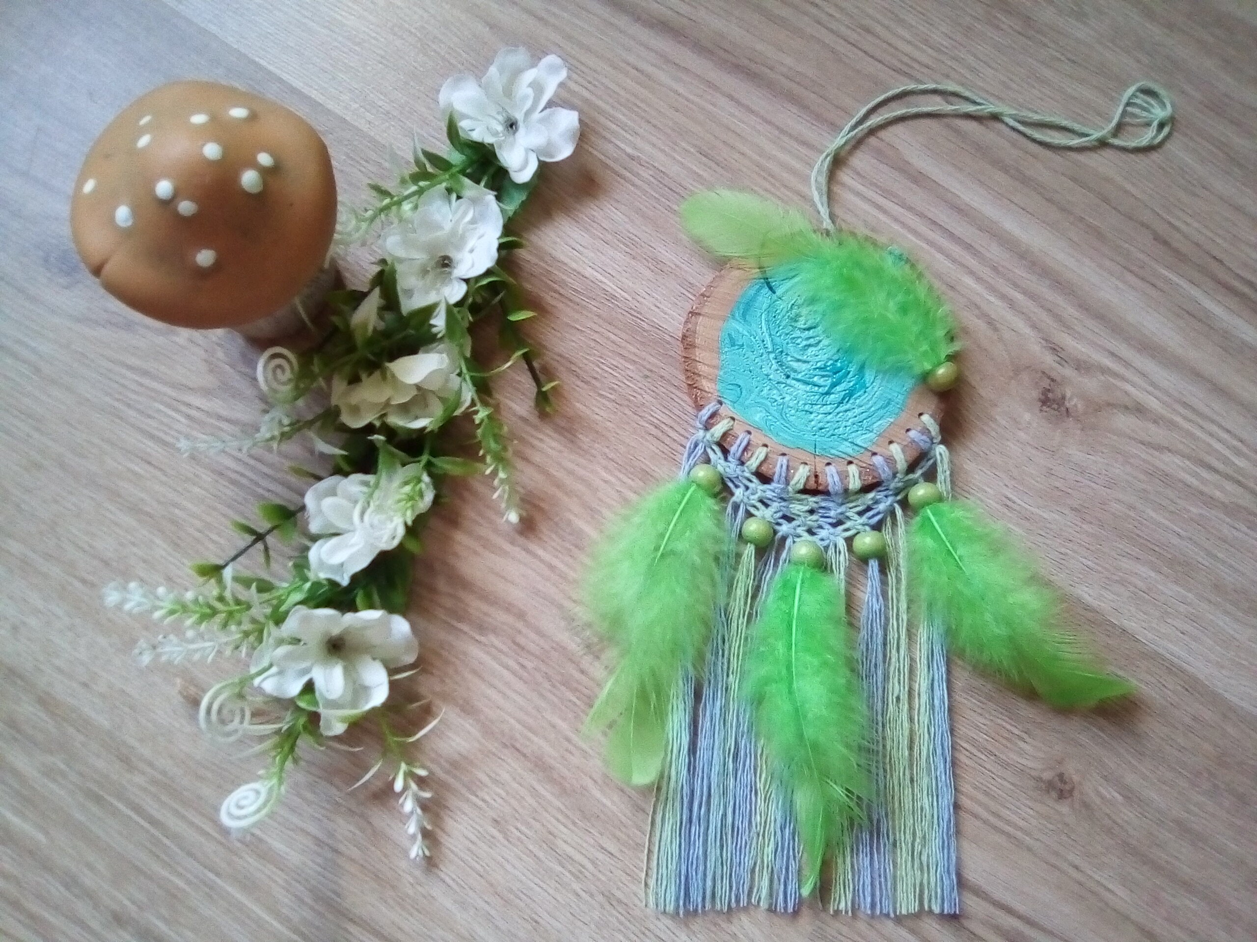 Attrape-Rêves Vert et Bleu en Bois Macramé avec Perles Plumes Pour Décoration