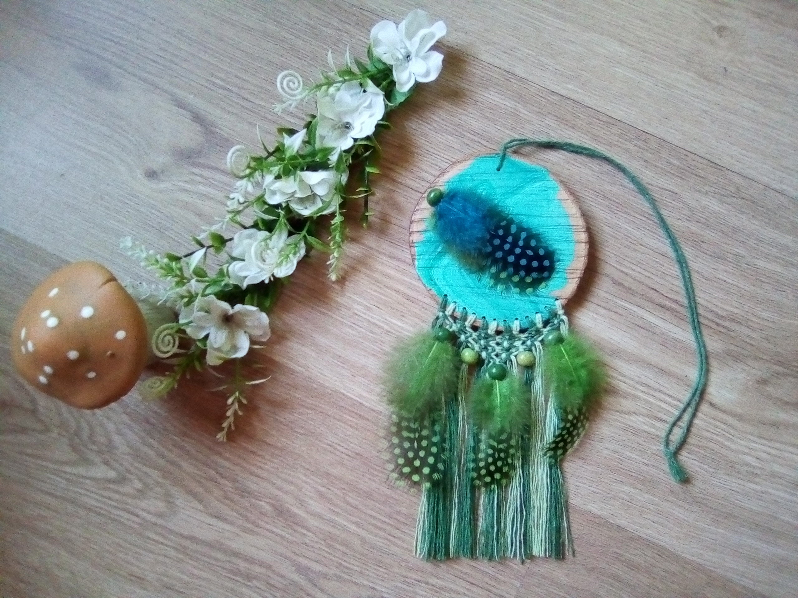 Attrape-Rêves Vert et Bleu en Bois Macramé avec Perles Plumes Pour Décoration