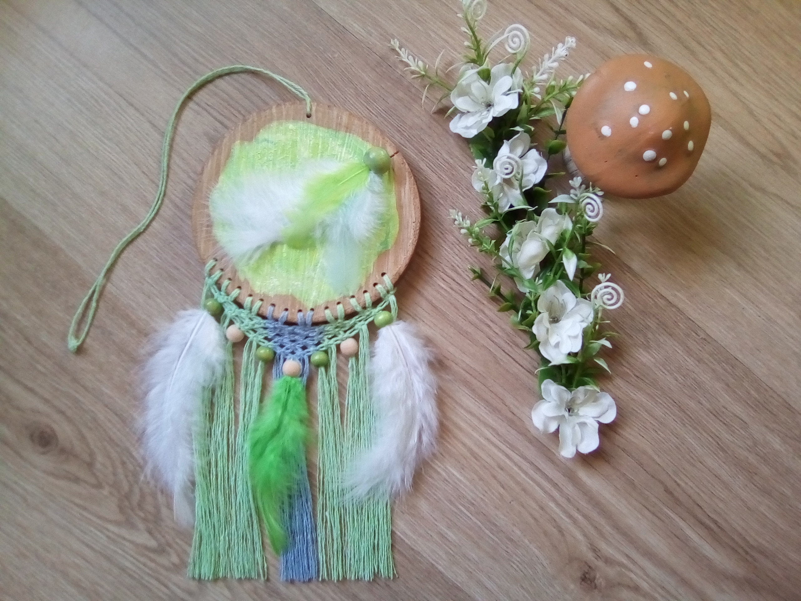 Attrape-Rêves Vert et Bleu en Bois Macramé avec Perles Plumes Pour Décoration