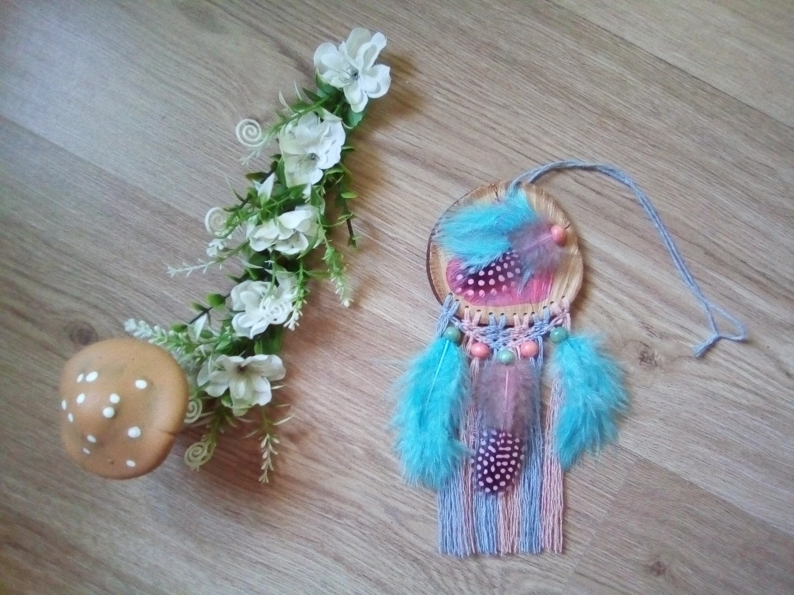 Attrape-Rêves Rose et Bleu en Bois Macramé avec Perles Plumes Pour Décoration