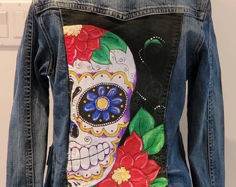 Hand Painted Jean Jacket, painted  denim jacket, Sugar Skull jacket