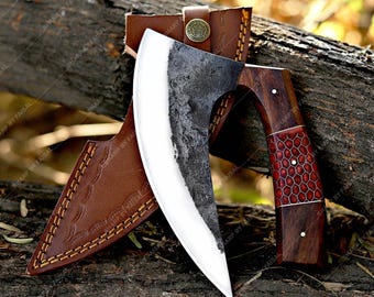 Damascus Steel Pizza Axe: Hand Forged Viking Cutter with Leather Sheath
