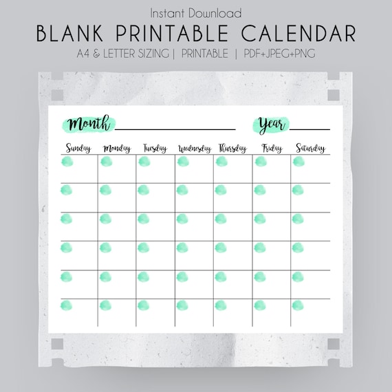 Blank Calendar Printable Calendar Printable Blank Monthly - Etsy