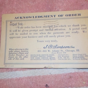 Cartão Postal J. Simpson Inc., Chicago, Illinois. 1923 Reconhecimento de Pedido