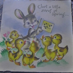 Gibson Card Co. Tarjeta de Pascua para niños. Patos y conejitos. Estallido. Alrededor de los años 1960. Surgir