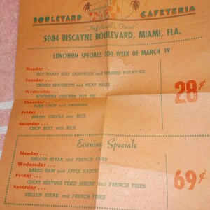 Boulevard Cafeteria, Biscayne Boulevard, menu lunchowe w Miami. Lata 30. XX wieku