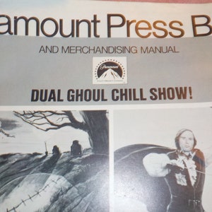 May include: A black and white press book for the film "Dual Ghoul Chill Show!" featuring a Paramount Pictures logo. The cover shows two images: a woman walking away from a graveyard and a man in a cape holding a sword.