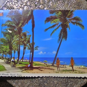 Tropische strandscène in Florida. Echte kleurenfoto briefkaart. Circa jaren zestig.