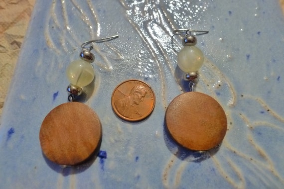 Dark Wood Disks and Moonstone Beads Drop Earrings… - image 1