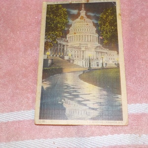 U.S. Capitol bij nacht. Jaren 1940 Souvenir Post Card. Linnen Afwerking
