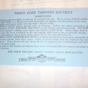 Tasco Coin Tarnish Lösungsmittel Werbekarte. 1930er Jahre.