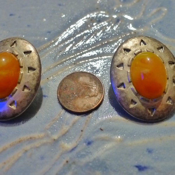 C. Stein (Charlotte) Signed Southwest Look Clip on Earrings. Silver Tone Ovals