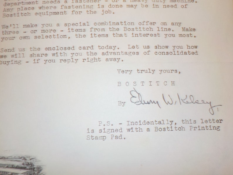 Puede incluir: Una carta vintage de Bostitch, una empresa que fabrica equipos de fijaci&oacute;n. La carta est&aacute; escrita en papel blanco con fuente de m&aacute;quina de escribir negra. La carta est&aacute; firmada por "Eluny W. Keleay" e incluye el texto "Very truly yours, BOSTITCH".