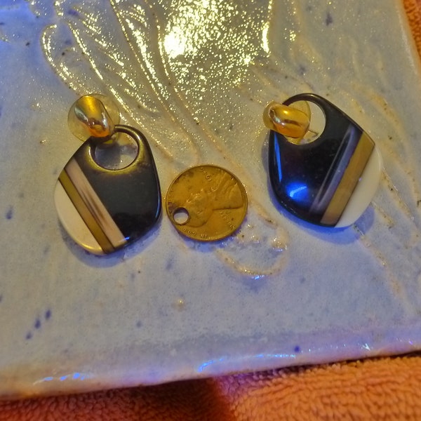 Doorknocker Pierced Earrings. Black, Silver and Gold Stripe. Lucite?