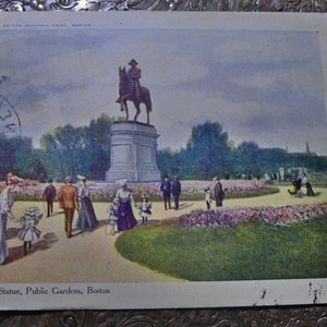 Statue de Washington, jardins publics, Boston. Carte postale vers 1908. Utilisé