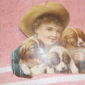 Kleiner Junge mit Welpen. 1890er Werbekarte. Scotts Emulsion