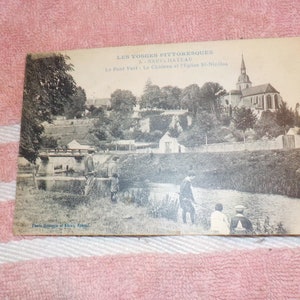 Les Vosges Pittoresques. 3. Neufchateau. Le Pont Vert. Le Chateau et l'Eglise St. Nicolas. Carta postale usata della prima guerra mondiale 1919