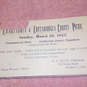 Piquenique do condado de Chautauqua e Cattaraugus 18/03/1945 Pasadena, CA., cartão postal de convite publicitário