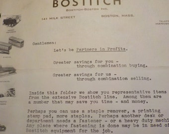 Bostitch-Boston, Milk St., Boston, Mass 1938 Advertising Brochure. Staplers, Staples. Fasteners, Hammer, Tacker