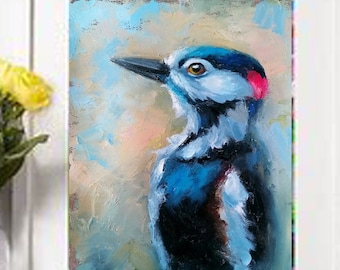 Woodpecker oil painting, Bird Painting, birds lovers gift