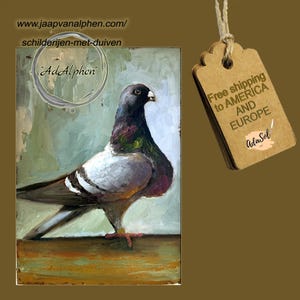 Pombo-cortador, pássaro de exposição extravagante, pombo decorativo para casa, pintura a óleo, pintura original feita à mão.