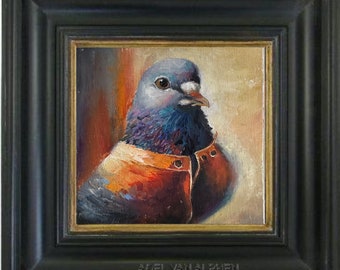 Peinture à l'huile bleue de colombe de pigeon, peinture originale de panneau de toile