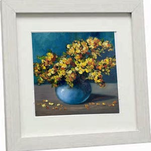 Pintura a óleo de flores amarelas de mimosa, vaso com flores, impasto, pintura a óleo original, arte em tela