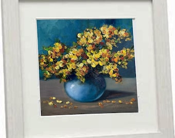 Mimosa Yellow Flowers Oil Painting: Impressionism Floral Canvas Art