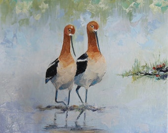 American Avocets Seabirds oil painting, little Birds oil ART