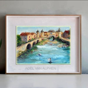 Pintura al óleo de una ciudad soleada de los Países Bajos, arte de vacaciones felices