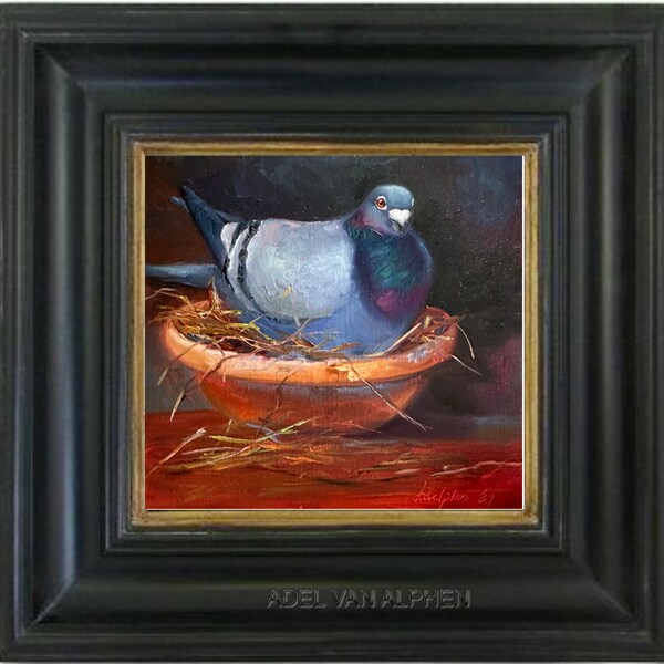 Peinture à l'huile de colombe de pigeon. Le pigeon est dans le nid.