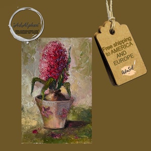 Jacinto em uma xícara, pintura a óleo sobre papelão com flores da primavera