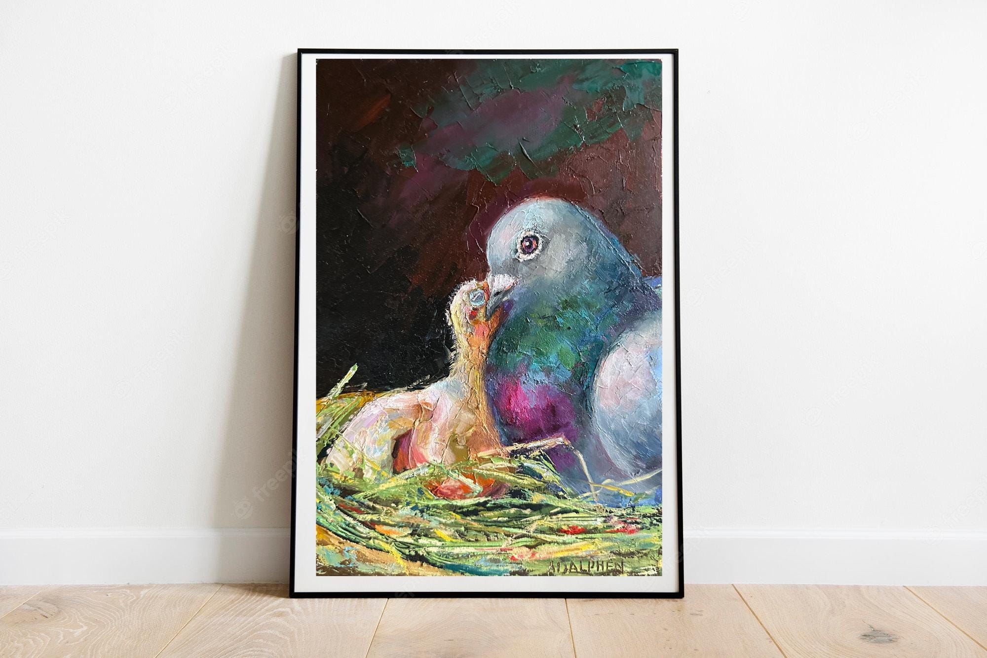 Pigeons doves oil Painting. Pigeon feed youngster, pigeon with 