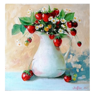 Peinture à l'huile de fraises, couleur blanc ROUGE VERT, nature morte.